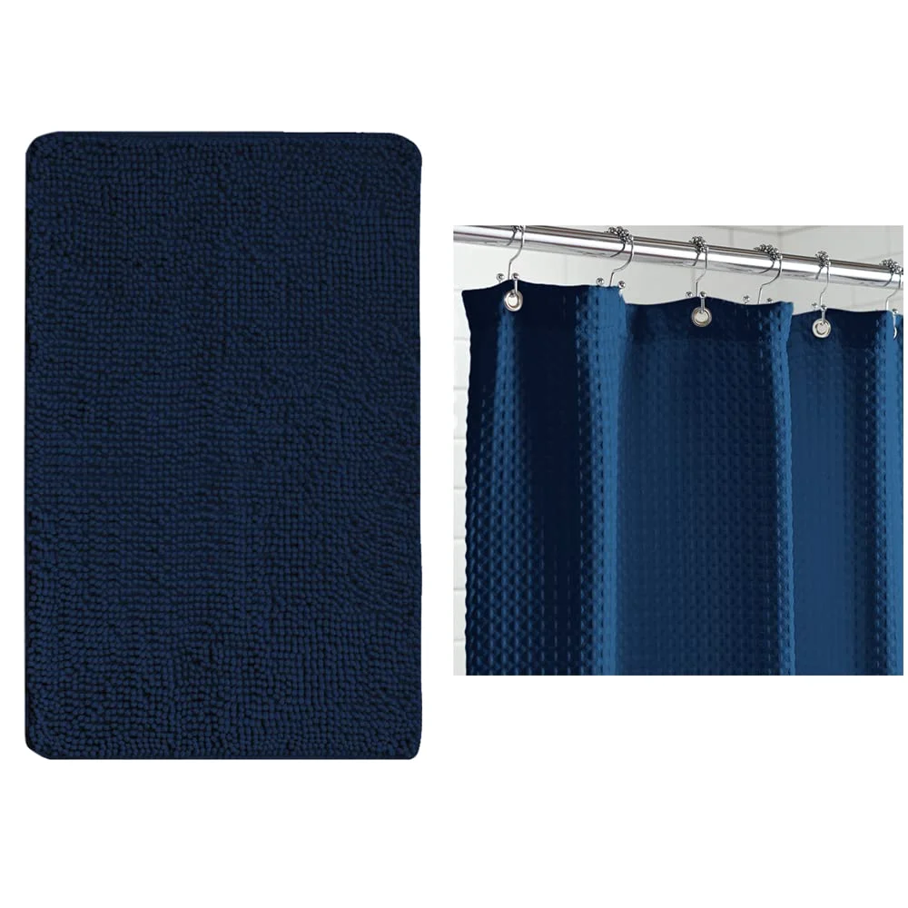 Chenille Bath and Waffle Shower, 24x17 in, Navy